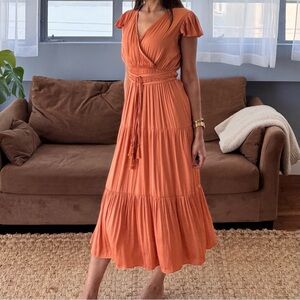Joie Cap Sleeve Faux Wrap Midi Dress, Tiered, Tassel Ties, Coral, Small